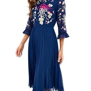 ASOS Embroidered Floral Pleated Flute Sleeve Midi Dress
